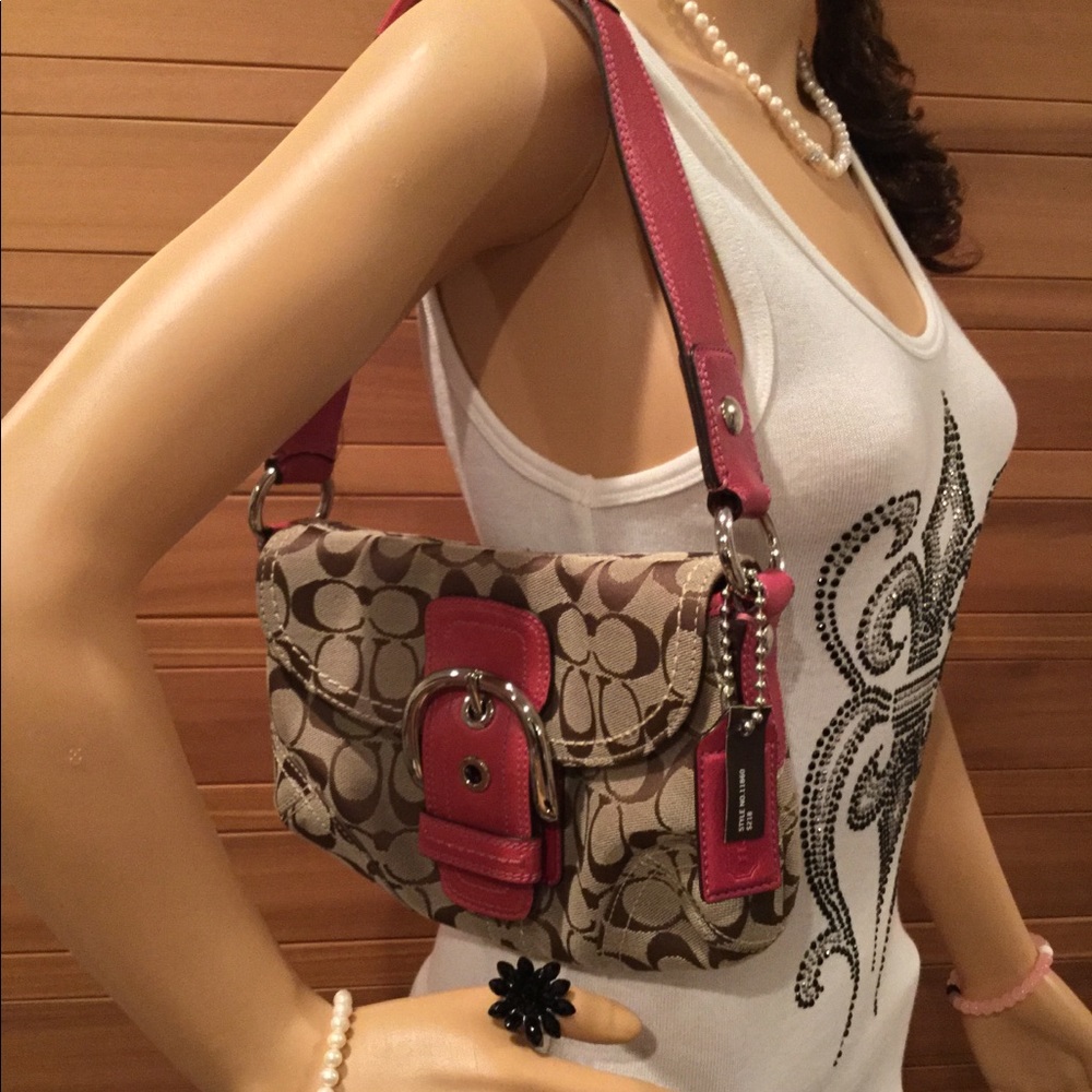 NWT Coach pink and beige monogram flap shoulder